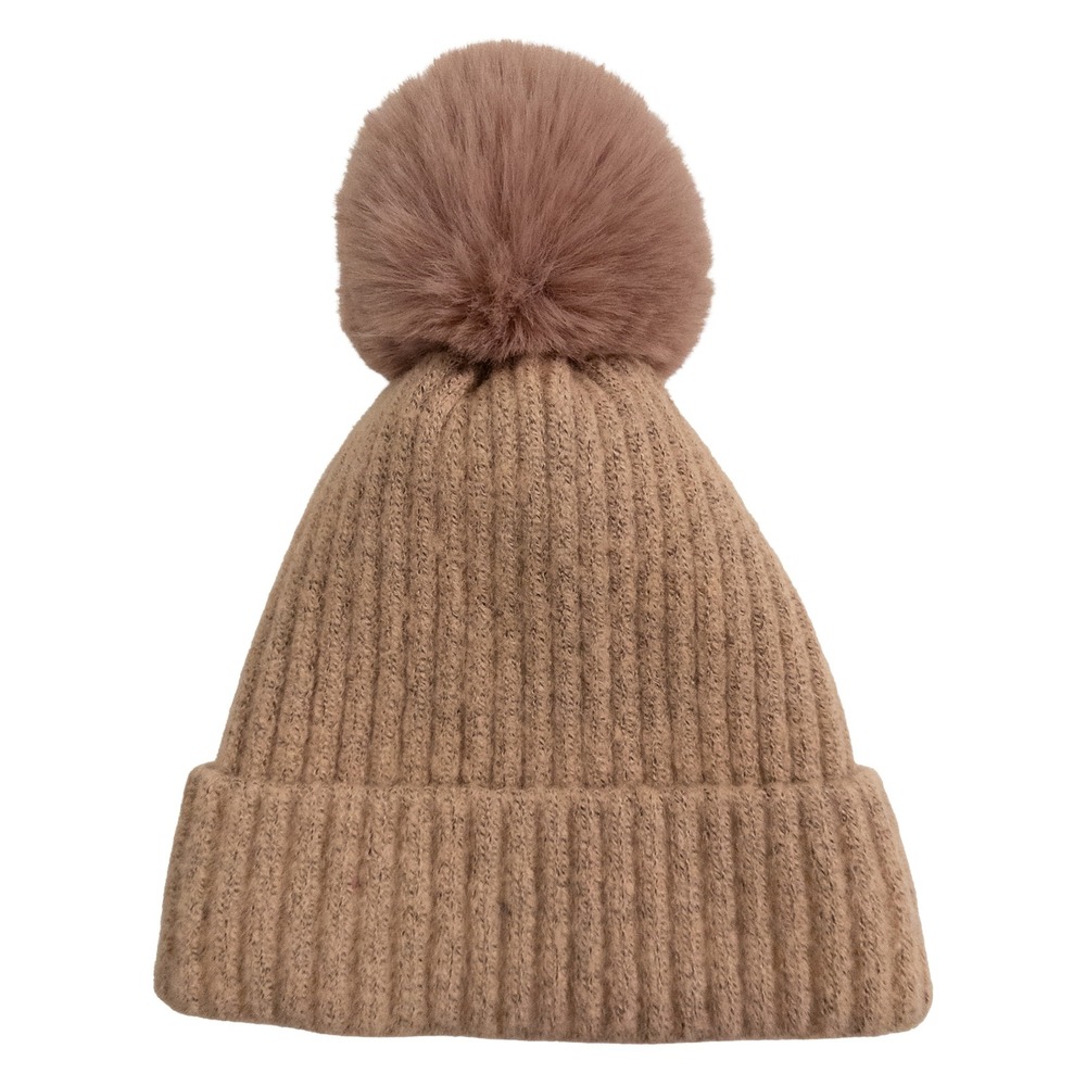 Knit Beanie Hat Faux Fur Pom Pom Cozy Warm Winter Snow Fleece Lined Ski Bunny